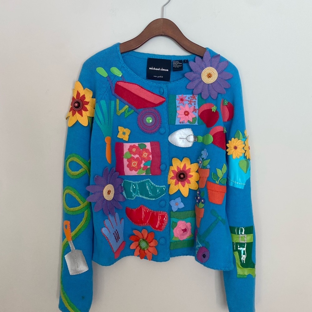 Michael Simon Blue Garden themed cardigan size L